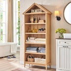75.9" Tall Farmhouse Bookcase, Angle Arched 5 Tiers Large Bookshelf with Adjustable Shelves, Modern Wooden Geometric Book Shelf w/Storage and Open Display Shelves for Living Room, Office-Natural