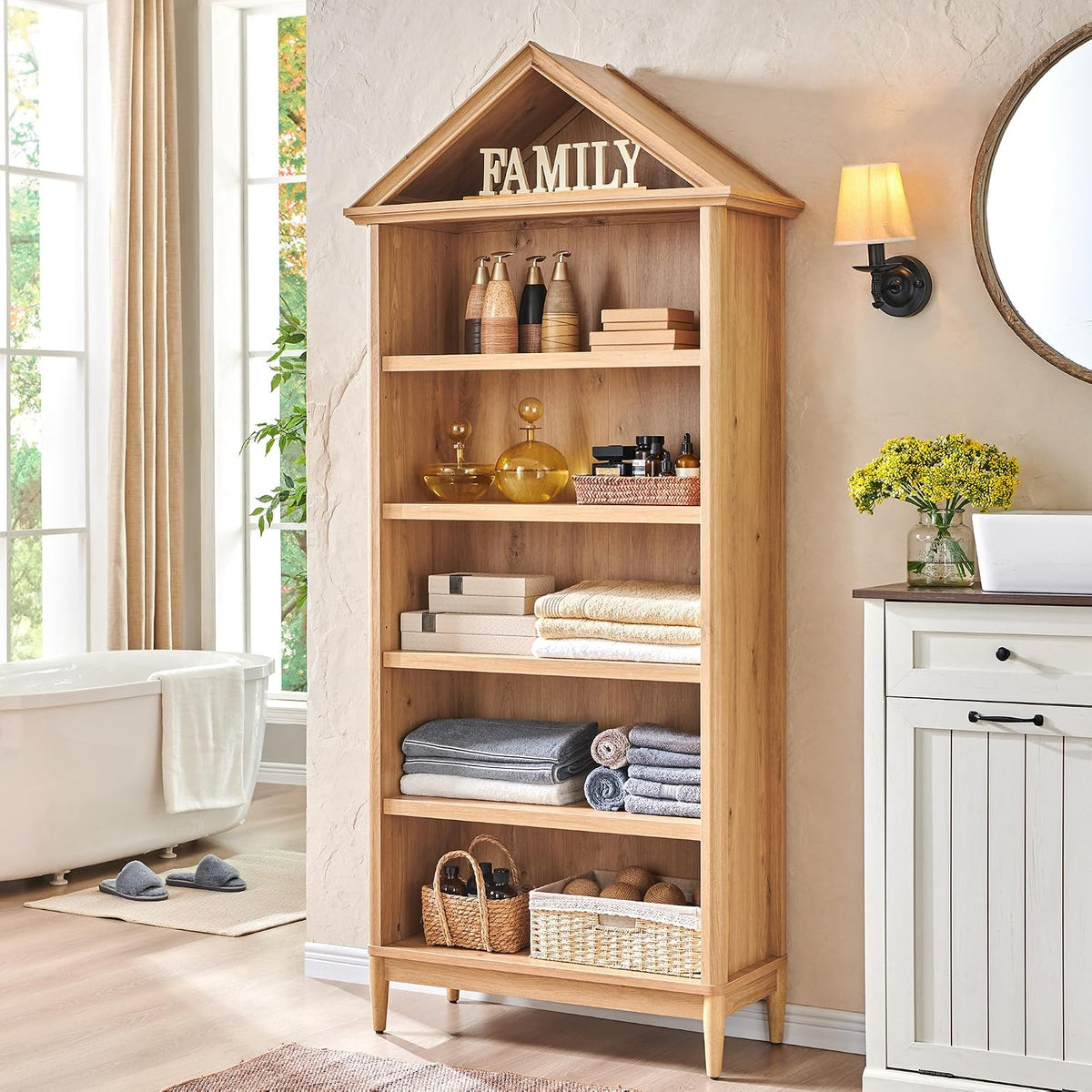 75.9" Tall Angled Arch Bookshelf, 5 Tiers Geometric Large Bookcase with Storage, Modern Triangular Top with Adjustable Shelves, Wood Cabinet w/Open Display Shelves for Living Room, Office Natural