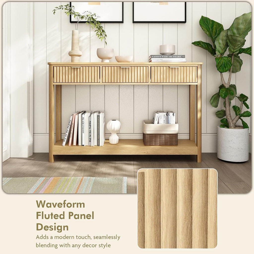 HOKYHOKY Fluted Console Table with Drawers, 47.1" Entryway Table, Natural