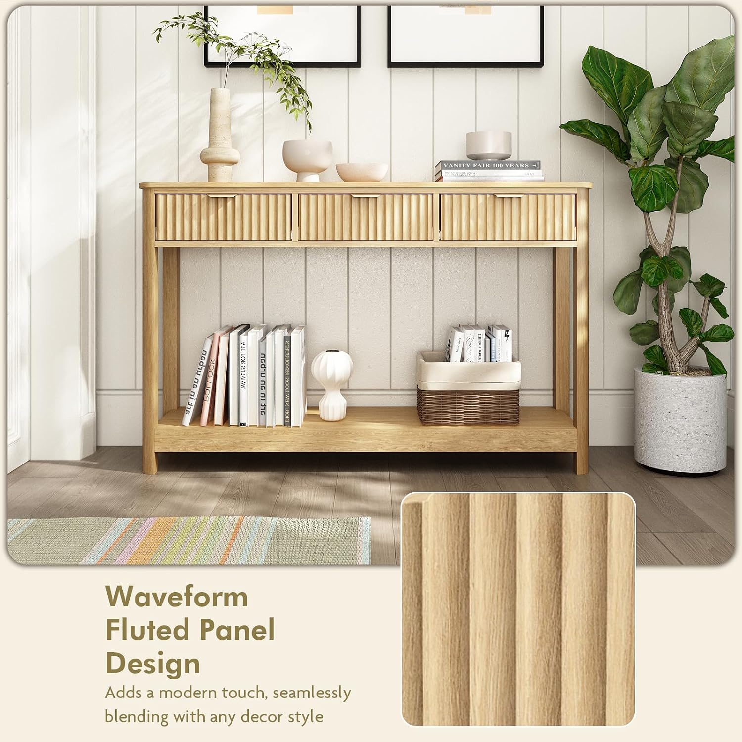 HOKYHOKY Fluted Console Table with Drawers, 47.1" Entryway Table, Natural