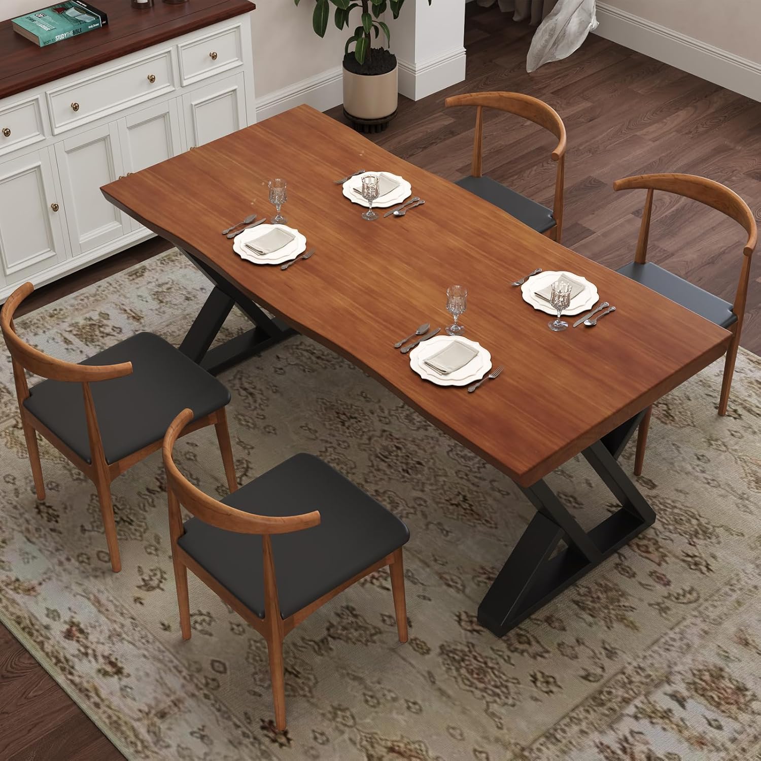 tiedingding 47" Solid Wood Dining Table, Rectangular Kitchen Table with Irregular Live Edge & Thick Tabletop, X-Shape Metal Legs, Oil Proof & Easy Clean, Rustic Brown， for 2-4 People