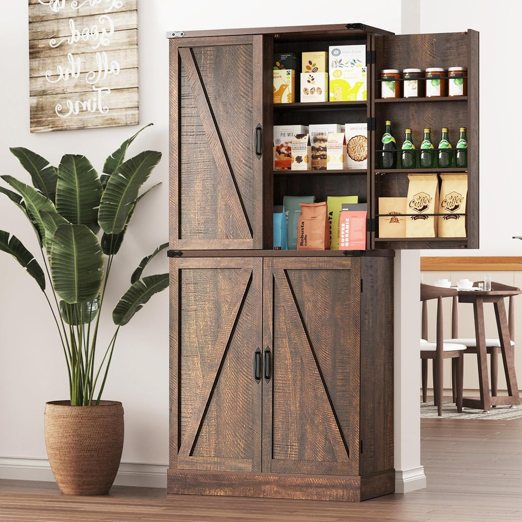 Hlivelood Farmhouse Kitchen Pantry Cabinet with 3 Drawers,71" Tall Rustic Wood Storage Cabinet with 6 Door Shelves,with Load-Bearing Steel Pipe,Pantry Organizers for Kitchen,Dining Room(Rustic Brown)