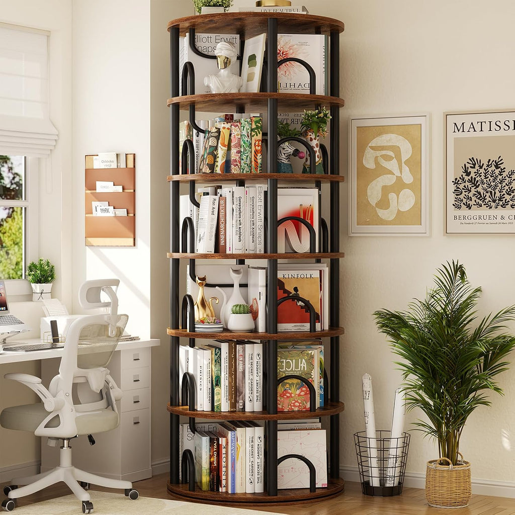 Aheaplus 6 Tier Rotating Bookshelf Tower, Revolving Bookcase, Rustic Brown