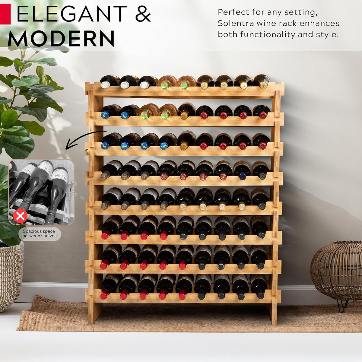 72 Bottle Wine Rack – Modular Freestanding Bamboo Wine Storage Shelf for Home, Kitchen & Cellar – Stackable Wine Organizer Stand