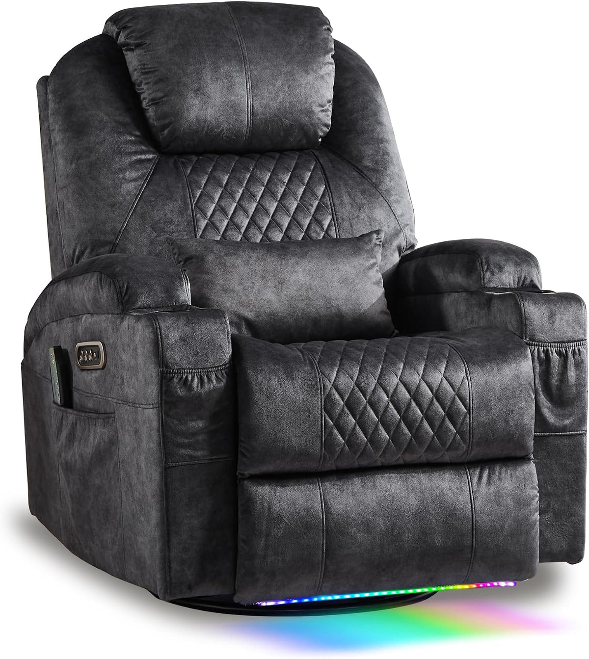 AHMED Dual Motor Power Swivel Rocker Recliner Chair, Velvet Grey | Electric Glider Rocking Chair, Massage & Heat, Cup Holders, LED Lights, USB A/USB C Ports