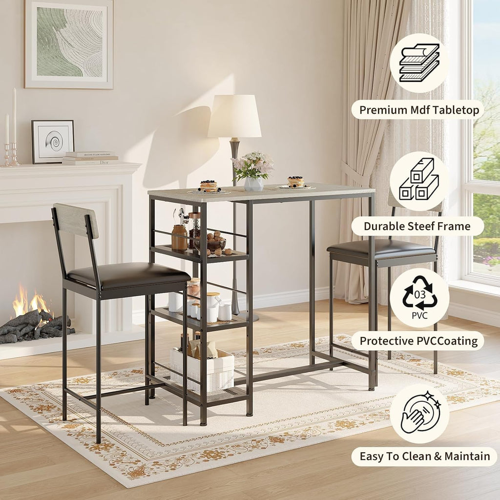 3-Piece Dining Table Set with Storage Shelves and 2 Upholstered Chairs, MDF & Iron Frame Small Kitchen Table for Apartment, Studio