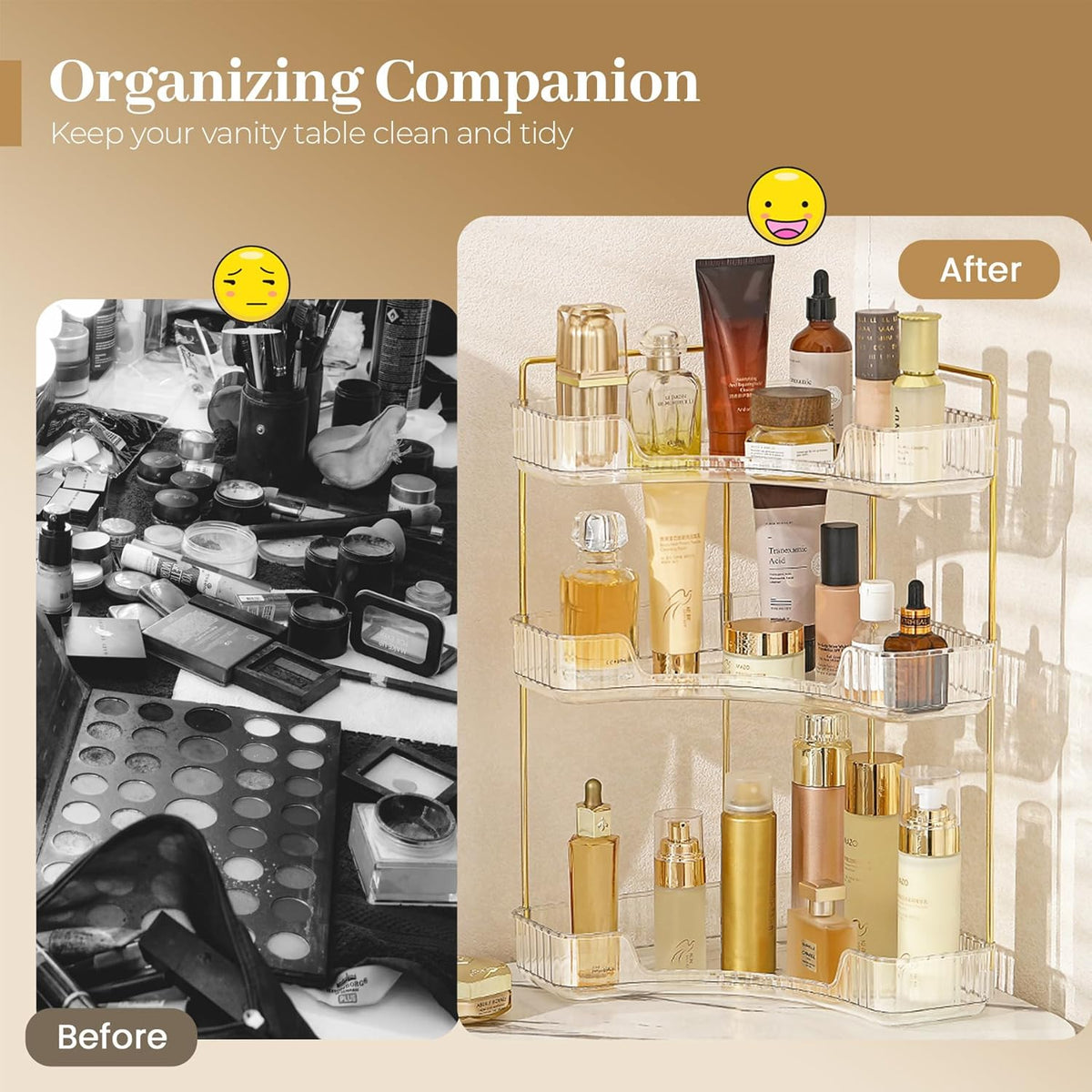 Aveniee Corner Bathroom Counter Organizer, Bathroom Countertop Shelf Makeup Storage, Clear Perfume Tray Holder (3 Tiers, White)