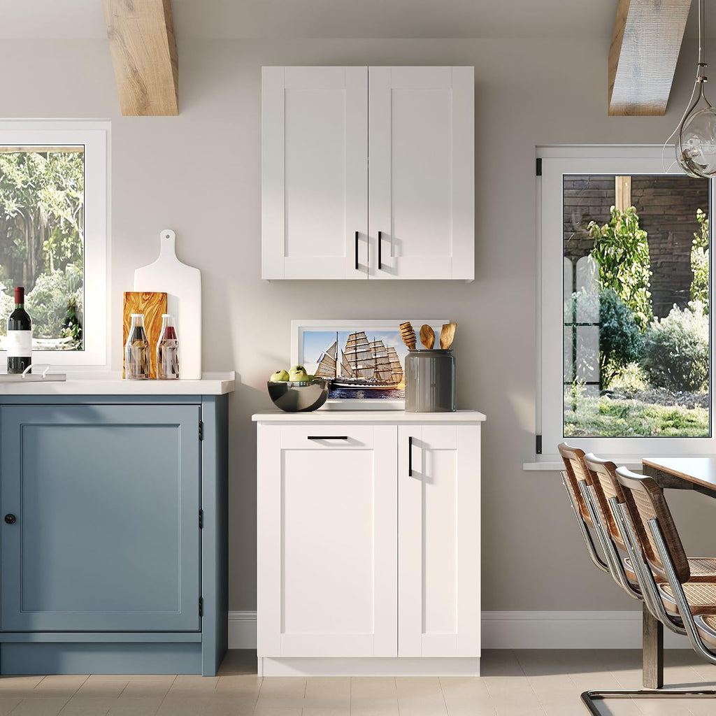 Timechee White Modern Kitchen Pantry Storage Cabinet with Wall Cupboard Set, Wall Pantry Cupboard with Tilt Out Trash Can Cabinet, Storage Shelves, Kitchen Buffet Sideboard Set for Dining Room