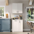 Timechee White Modern Kitchen Pantry Storage Cabinet with Wall Cupboard Set, Wall Pantry Cupboard with Tilt Out Trash Can Cabinet, Storage Shelves, Kitchen Buffet Sideboard Set for Dining Room