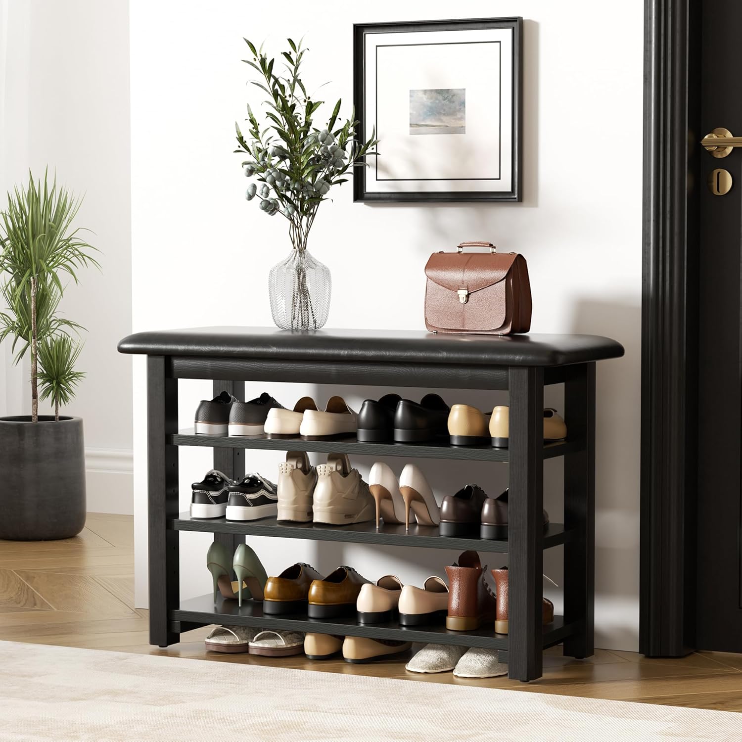 Shoe Rack Bench with Leather Cushion 3-Tier Shoe Rack Organizer for Entryway Hallway or Living Room Farmhouse Rustic Wooden Seat Bench Black 11.8" Dx31.5 Wx20.4 H
