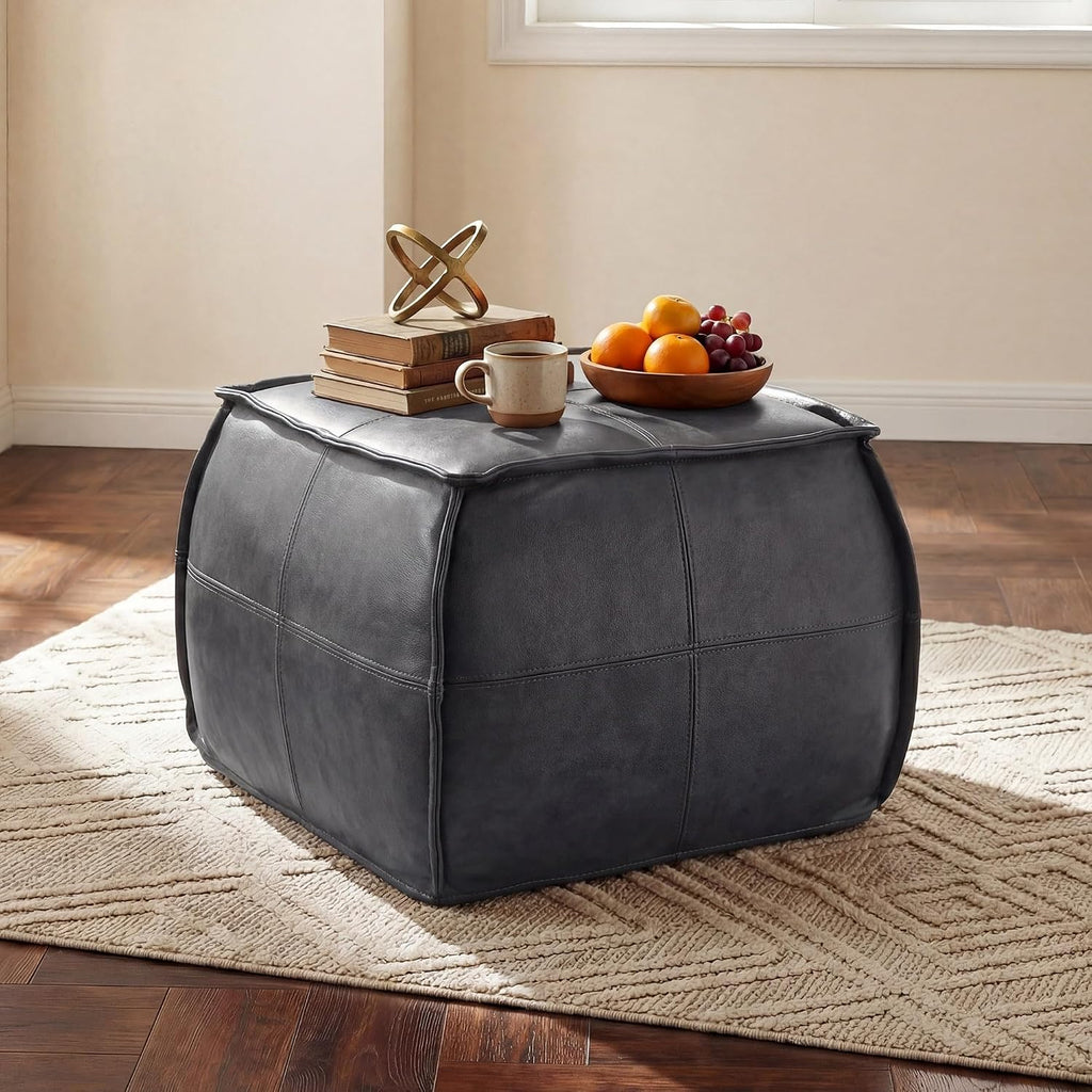 Leather Ottoman,Handmade Stuffed Square Ottoman,Genuine Leather Pouf, Foot Rest Pouf,Comfortable Soft Seating for Living Room & Bedroom (Grey, Square)