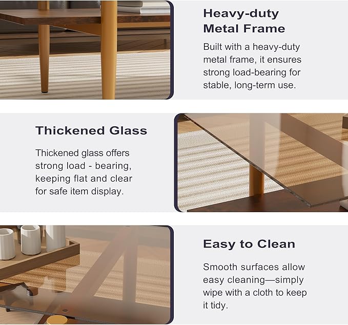 Glass Coffee Table, Rectangle Living Room Center Table with Golden Legs, Mid-Century Modern Accent Tables with Open Shelf for Living Room, Office, Brown