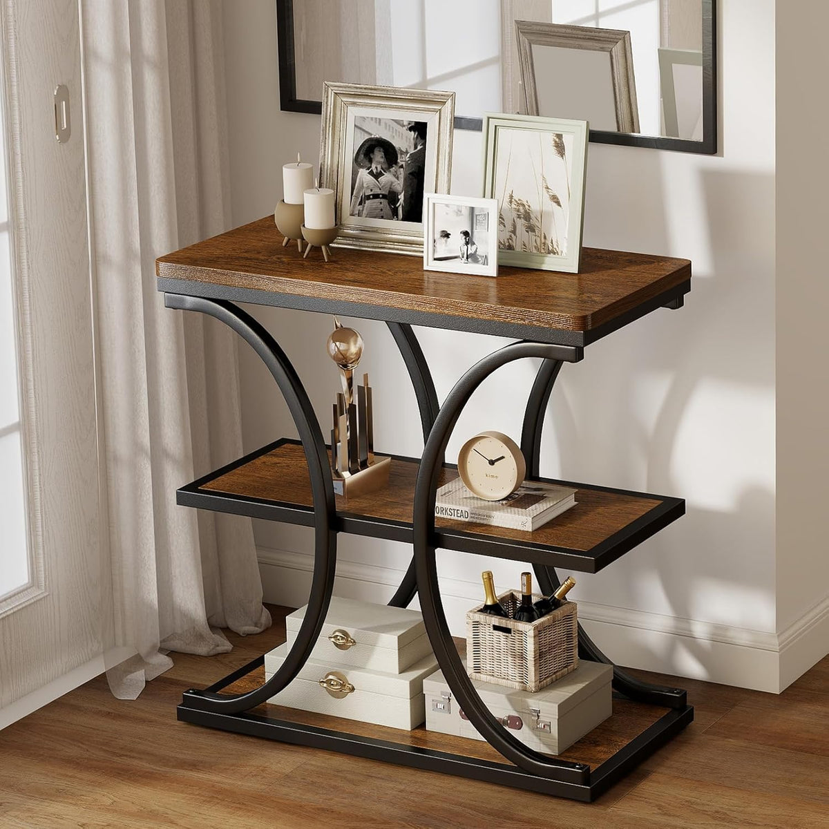 BECHAEO 24" End Tables Living Room, Industrial 3-Tier Small Side Table with Storage Shelves, Wood Sofa Table with Geometric Metal Frame, Multi-Functional Nightstand for Bedroom