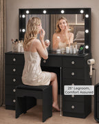Otterease Black Makeup Vanity with Mirror and Lights,11 Drawers & Glass Top | Vanity Desk Table with Charging Station and 10 LED Bulbs, Hair Dryer Holder, for Bedroom