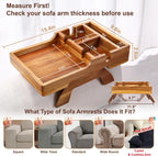 Couch Armrest Table, Acacia Wood Sofa Arm Table with 2 Cup Holders, 15.4"x9.8" Large Foldable Clip on Couch Arm Tray Table with Remotes Storage Slot