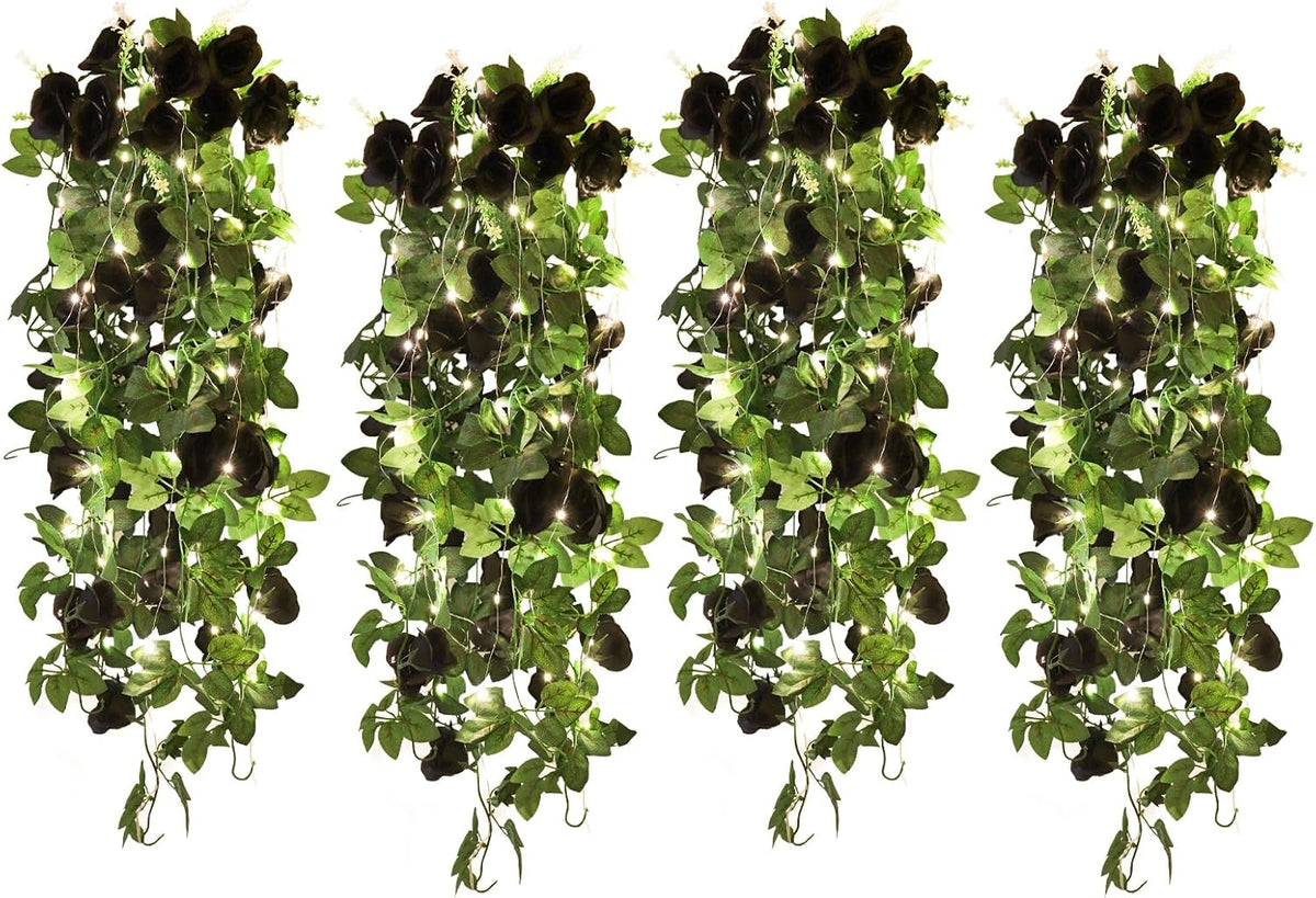 RECUTMS Artificial Hanging Rose Flower 4Pieces 3.3Ft Flowers for Outdoors with 30 LED Fairy String Lights Fake Indoor Wall Wedding (Black)