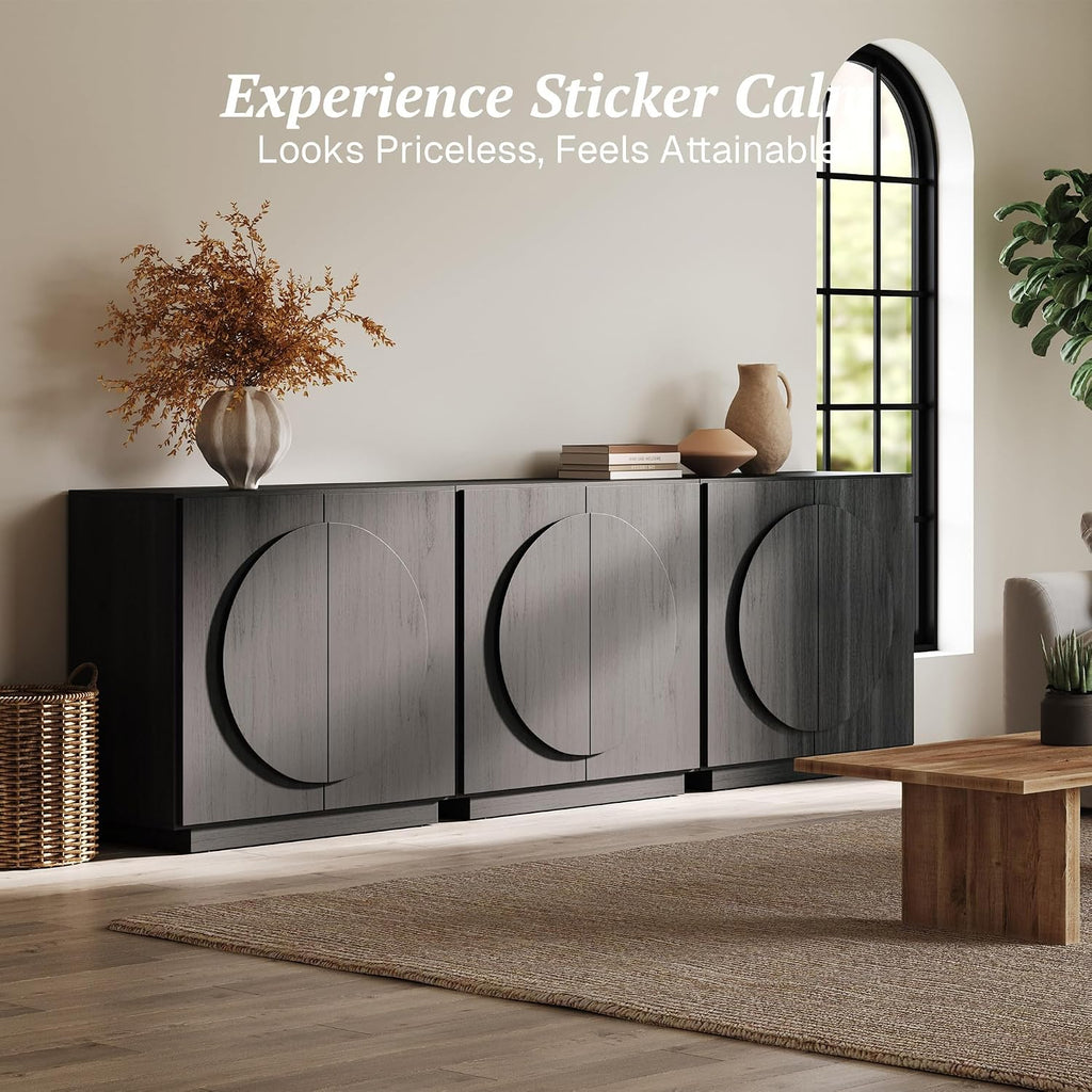 BELLEZE Modular Buffet Cabinet with Storage,Mid Century Modern Arched Sideboard with Adjustable Shelf & Symmetrical Doors,Credenza for Entryway Living Room, Set of 3 (Espresso Black)