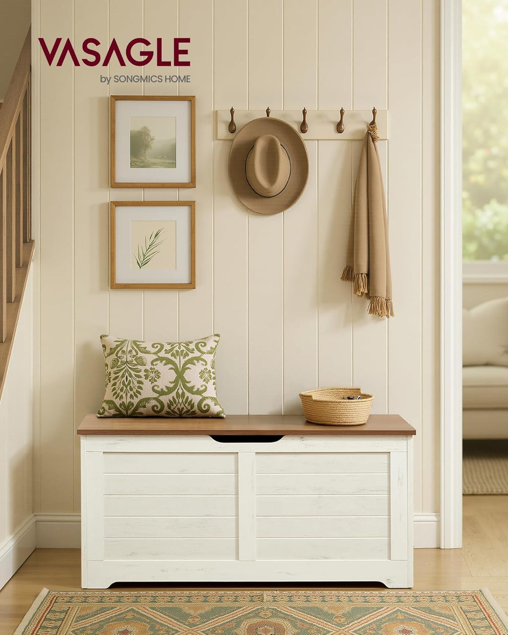 VASAGLE Storage Chest, 39.4 Inches Width Bench with 2 Safety Hinges | Farmhouse Style, for Entryway, Bedroom, Living Room, Rustic White and Honey Brown, SOFIE Collection ULSB061WJ01