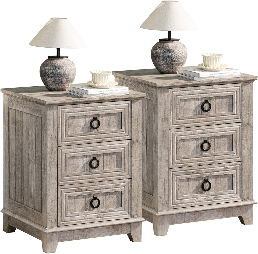 Joaxswe Farmhouse Nightstand Set 2, 18'' End Table | Sofa Bed Side Table with 3 Drawers, Oak Night Stand Cabinet for Organizer Bedroom Living Room