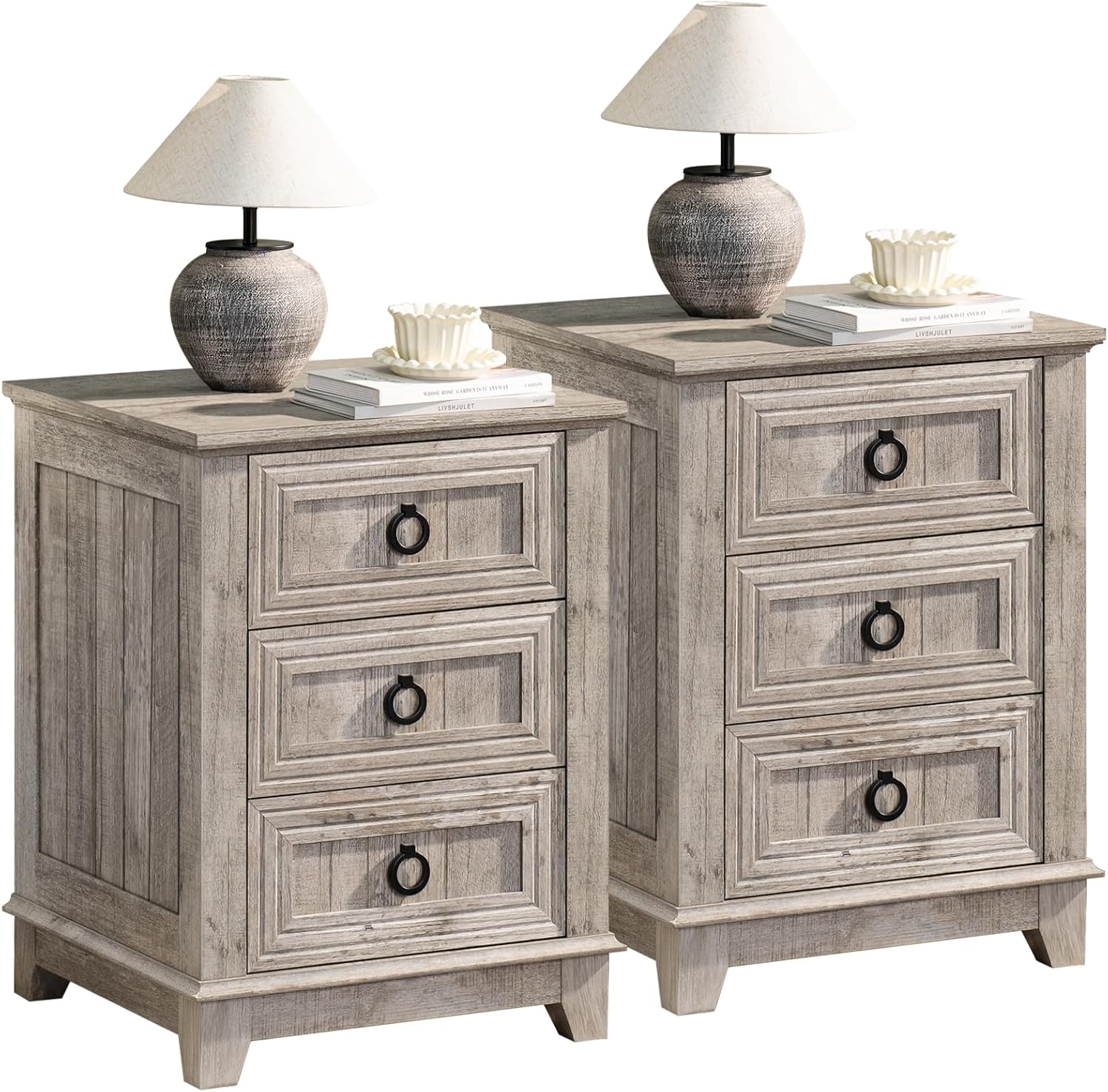 Joaxswe Farmhouse Nightstand Set 2, 18'' End Table | Sofa Bed Side Table with 3 Drawers, Oak Night Stand Cabinet for Organizer Bedroom Living Room