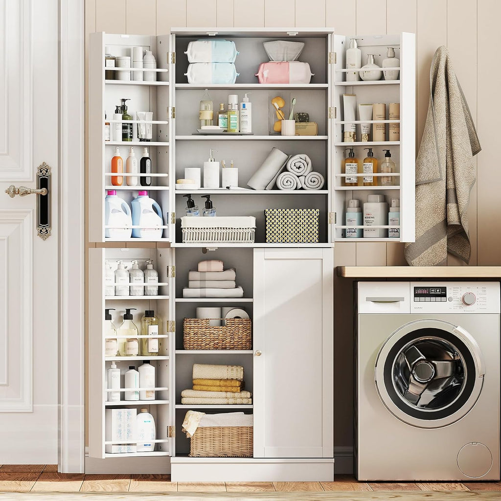 Byroce 65.5” Kitchen Pantry Cabinet, Storage Cabinet with 4 Doors & 8-Tier Shelves, Freestanding Kitchen Hutch Cupboard with Baffle, Tall Buffet Sideboard for Dining Room & Living Room (White)