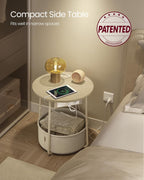 VASAGLE LILEA Collection - Side Table with Charging Station, Round End Table with Fabric Basket, Nightstand with USB Ports, for Living Room, Bedroom, Modern, Cream White ULET228N01