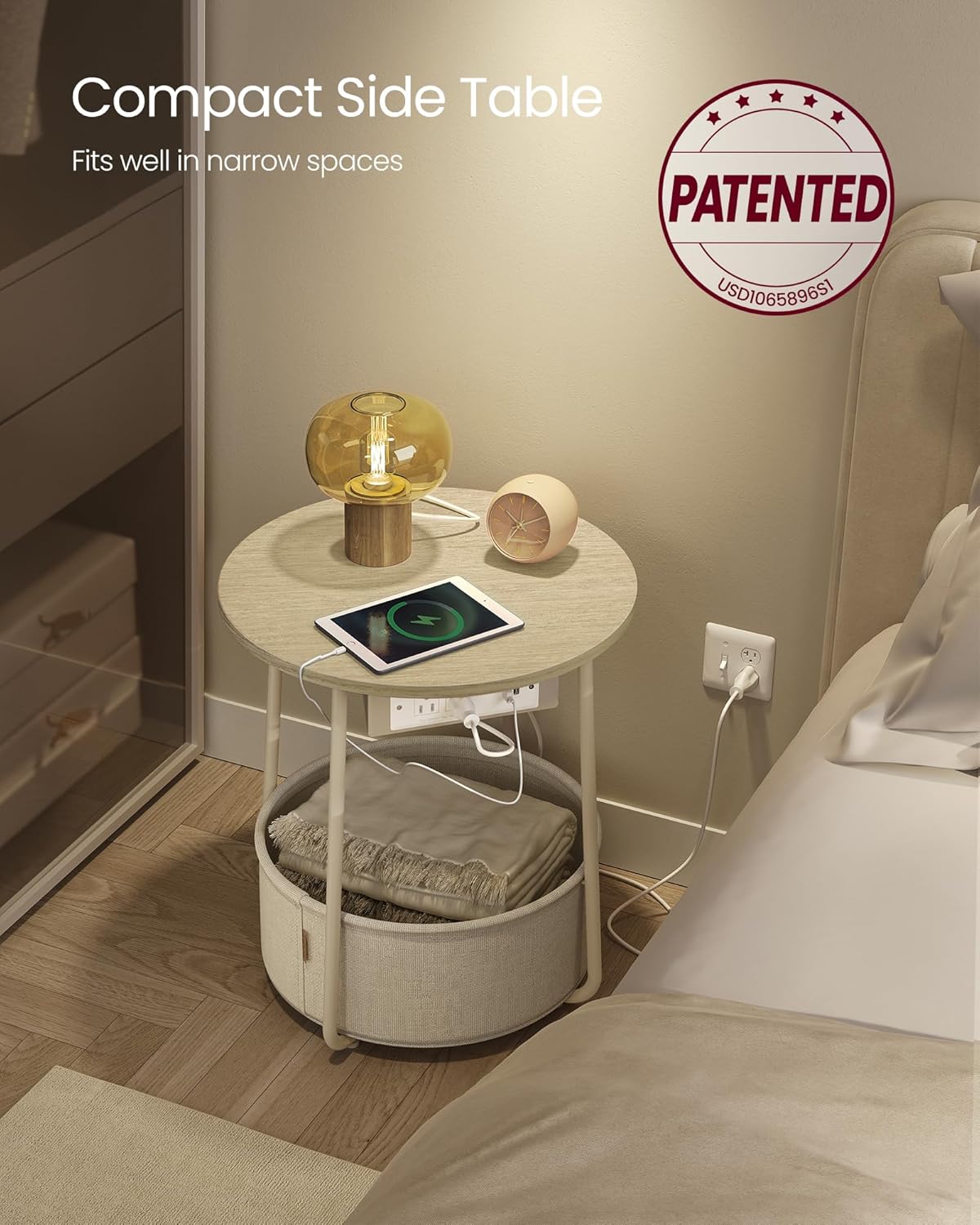 VASAGLE LILEA Collection - Side Table with Charging Station, Round End Table with Fabric Basket, Nightstand with USB Ports, for Living Room, Bedroom, Modern, Cream White ULET228N01