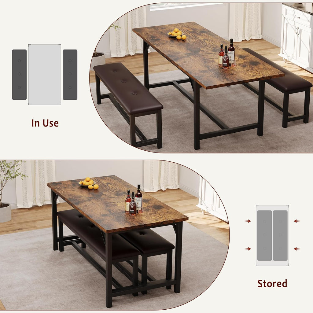 IDEALHOUSE 3 Piece Dining Table Set for 4-6, 63" Extendable Thick Metal Frame Kitchen Table with 2 Upholstered Benches Set for 6, Rectangle Wooden Dinette Table Set for Dining, Apartment, Retro Brown