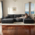 107" W Corduroy Sectional Cloud Couch with Chaise & Ottoman, No Assembly Required, U Shaped Modular Sectional Sofa, Cozy Fluffy Sofa for Living Room (Black, Left Facing Chaise+Ottoman)