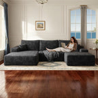 107" W Corduroy Sectional Cloud Couch with Chaise & Ottoman, No Assembly Required, U Shaped Modular Sectional Sofa, Cozy Fluffy Sofa for Living Room (Black, Left Facing Chaise+Ottoman)