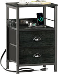 Furologee Nightstand with Charging Station, 2 Fabric Drawers, Black Oak | Night Stand Features USB Ports, Open Shelf, S Hooks, for Easy Living Room or Bedside Storage.