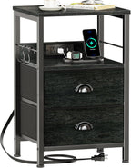Furologee Nightstand with Charging Station, 2 Fabric Drawers, Black Oak | Night Stand Features USB Ports, Open Shelf, S Hooks, for Easy Living Room or Bedside Storage.