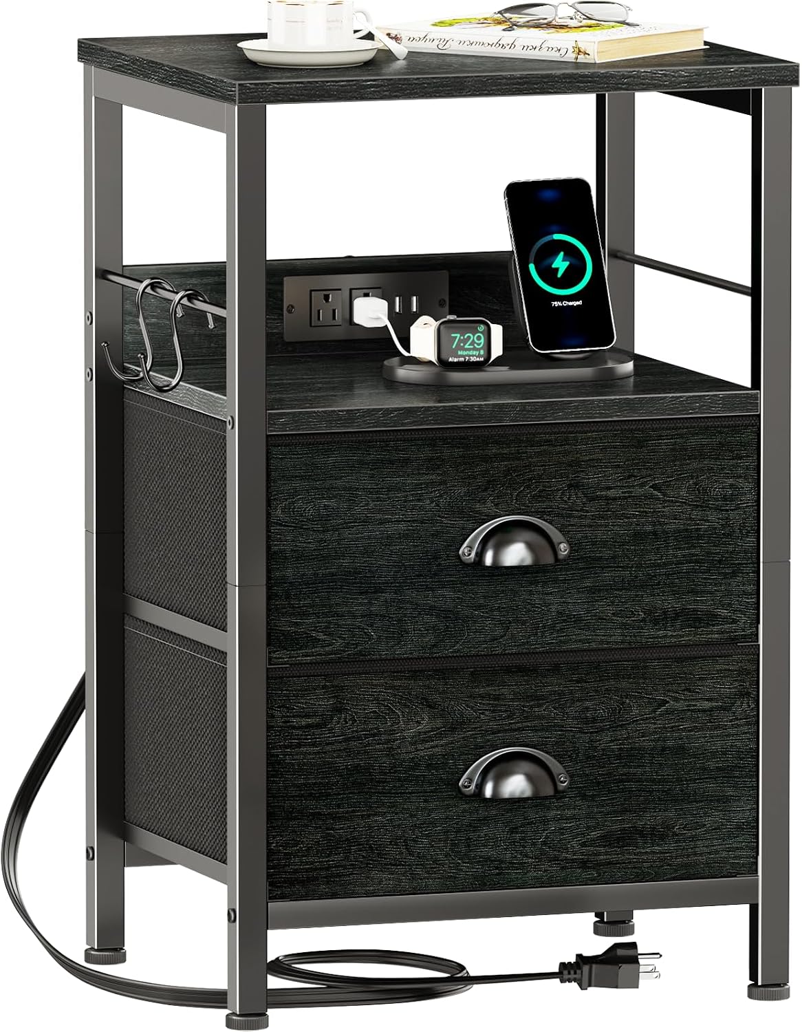 Furologee Nightstand with Charging Station, 2 Fabric Drawers, Black Oak | Night Stand Features USB Ports, Open Shelf, S Hooks, for Easy Living Room or Bedside Storage.