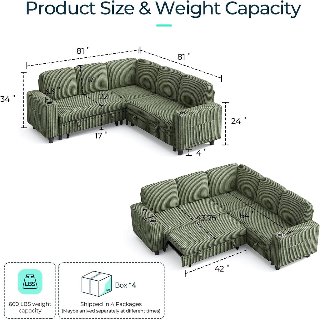 LINSY HOME Sectional Couches for Living Room, 81" L Shape 5 Seats, Green | Sleeper sofa with pull out couch bed, corduroy couch with storage