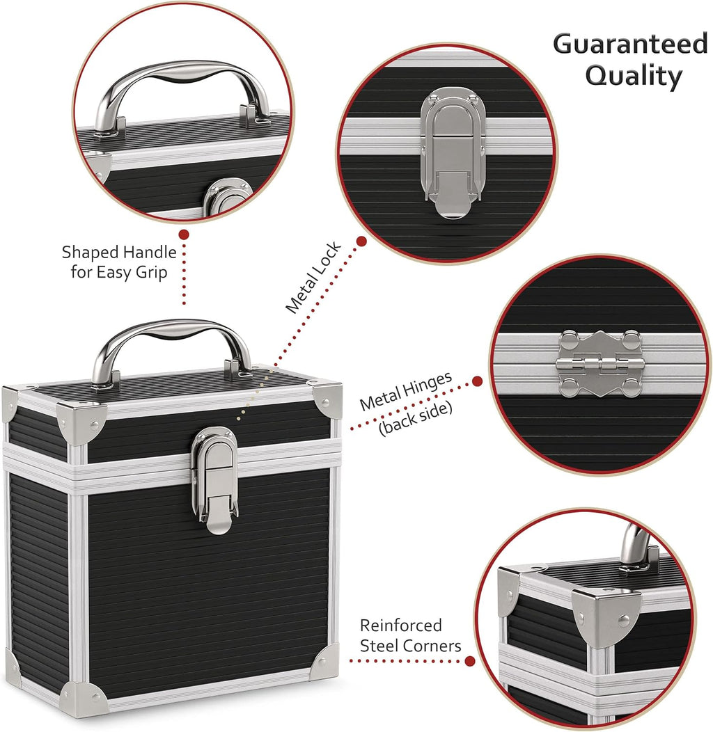 Aluminium 7" Vinyl Record EP Storage Case Holds up to 35 EPs (in PVC Sleeves) includes 35 Vinyl Record Outer Sleeves, Black, Retro Chic