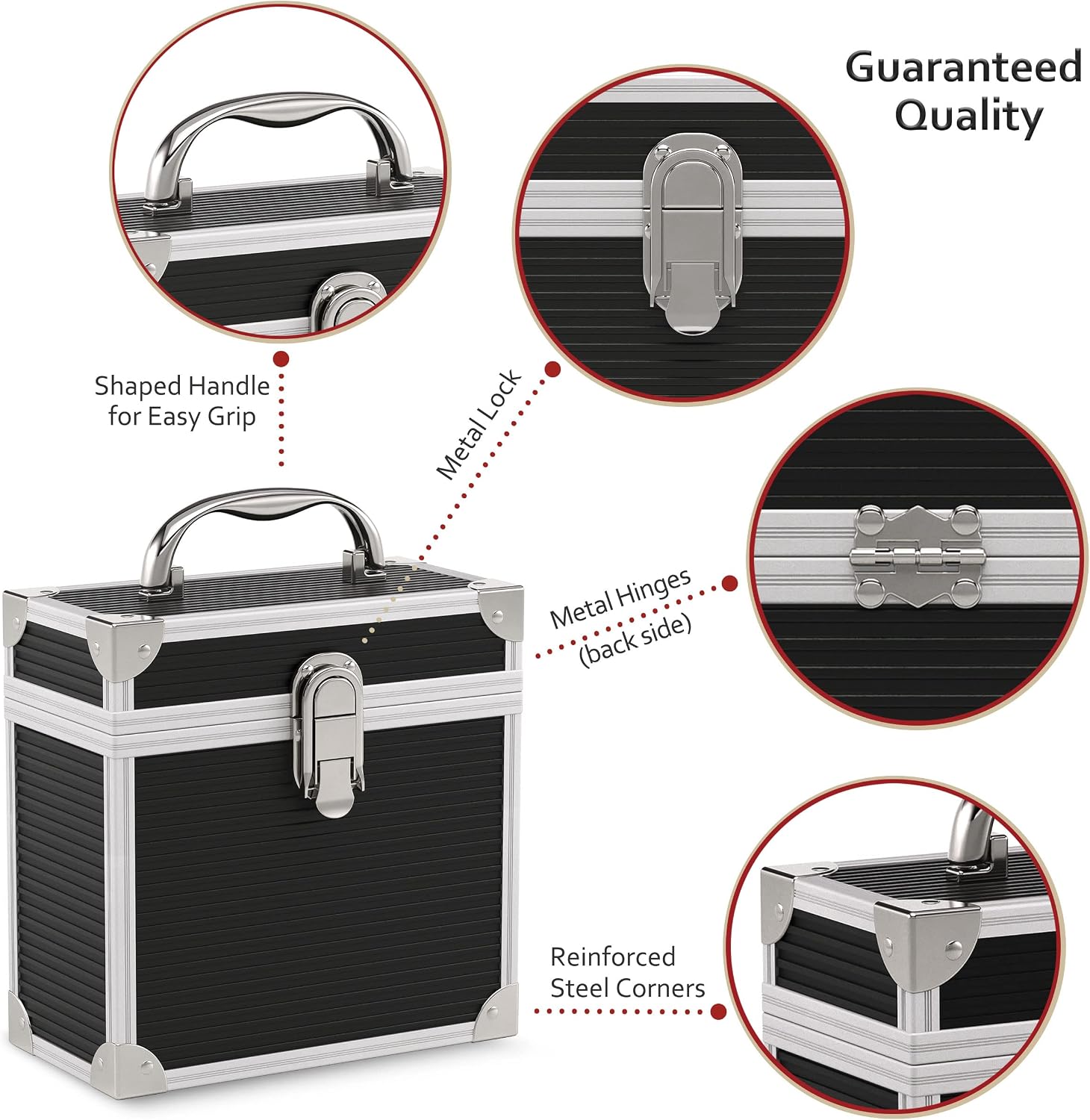Aluminium 7" Vinyl Record EP Storage Case Holds up to 35 EPs (in PVC Sleeves) includes 35 Vinyl Record Outer Sleeves, Black, Retro Chic