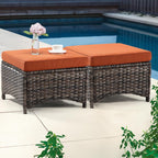Outdoor Ottomans for Patio Set of 2 PE Wicker Steel Frame Outdoor Footstool with Removable Olefin Cushions for Patio, Backyard and Deck, Orange