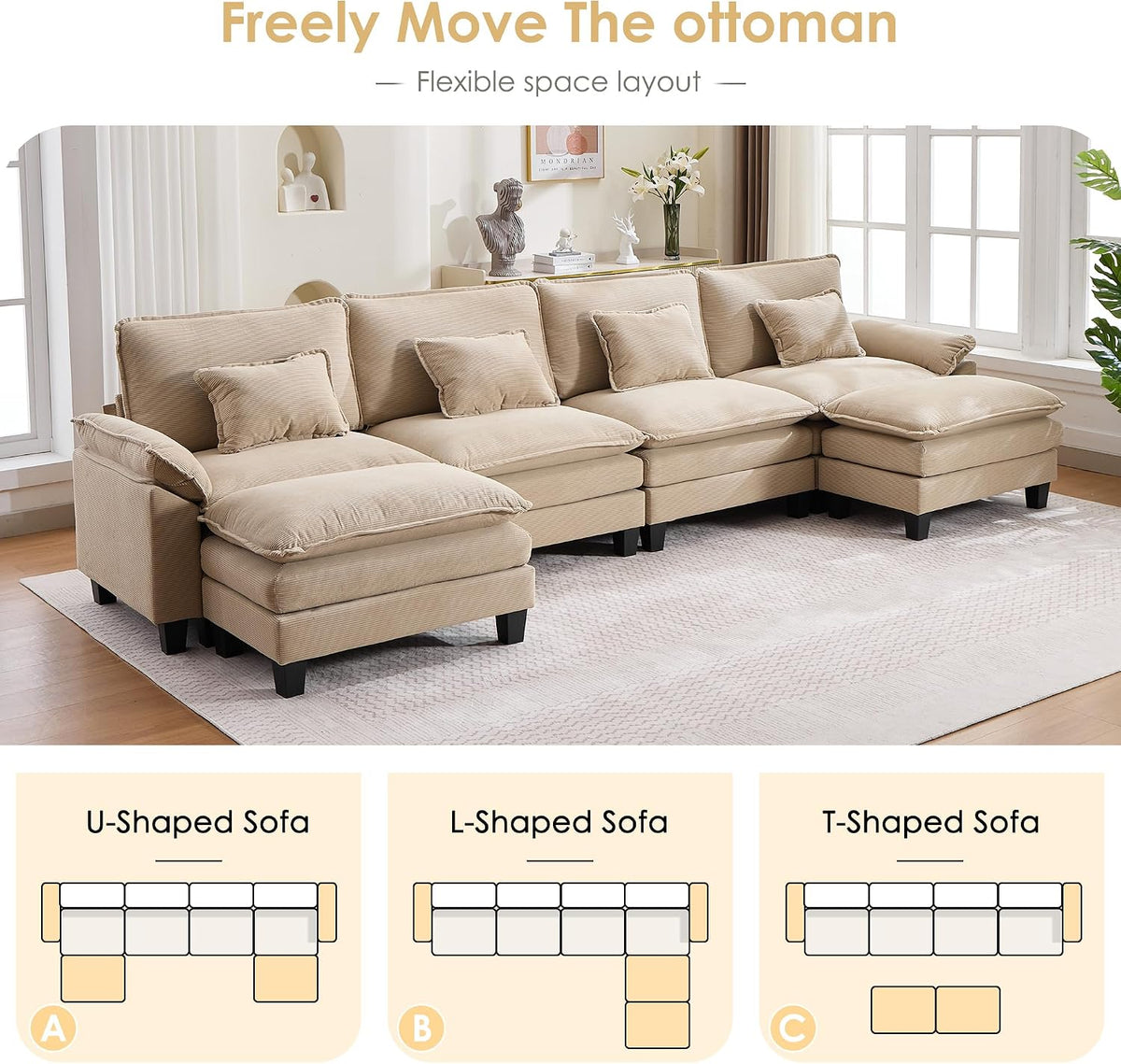 URRED Oversized Modular Sectional Sofa，Solid Khaki：157" U Shaped | Modern Comfy Cloud Couch with Movable Ottoman and Pillow, Deep Seat Couches for Living Room, Bedroom or Apartment