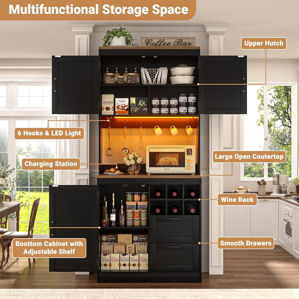 Unikito 72" Tall Kitchen Pantry Cabinet with LED Light & Power Outlet | Black and Rustic, Coffee Bar Hutch with Microwave Stand, Wine Rack, Drawers, Storage Shelves Cupboard for Dining Room