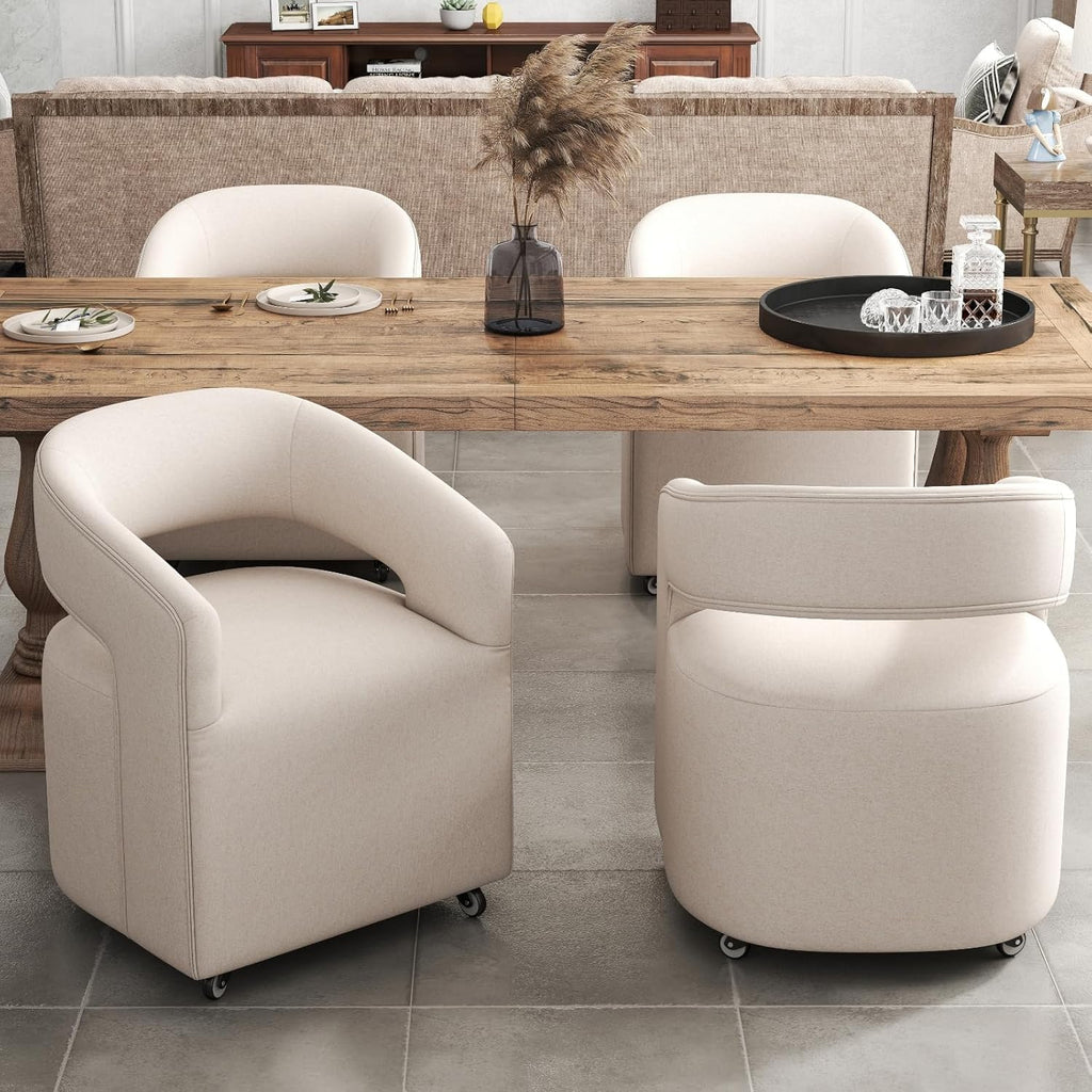 DUOMAY Modern Upholstered Dining Chairs with Swivel Casters - Set of 4 - Contemporary Linen Barrel Back Accent Side Chair Desk Chair for Dining Room Living Room Kitchen, Beige
