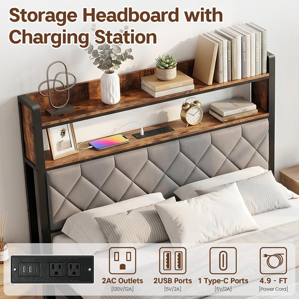 King Bed Frame with Charging Station & 2-Tier Storage Headboard, Grey