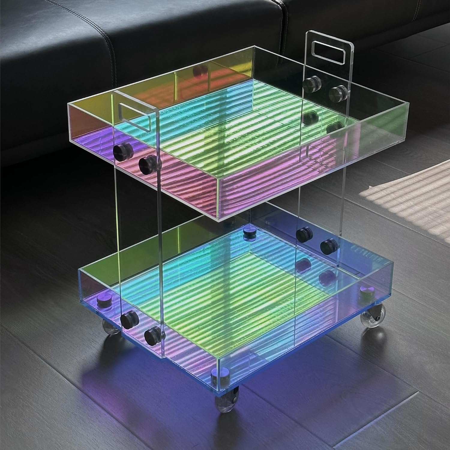Acrylic End Table with Wheels, 2/3 Tiers Acrylic Bar Cart, Rolling Utility Cart with Handle, Colorful Clear Side Table for Drink, Food, Snack Used in Living Room, Bedroom, Study(16.4''x13.4''x18.9'')