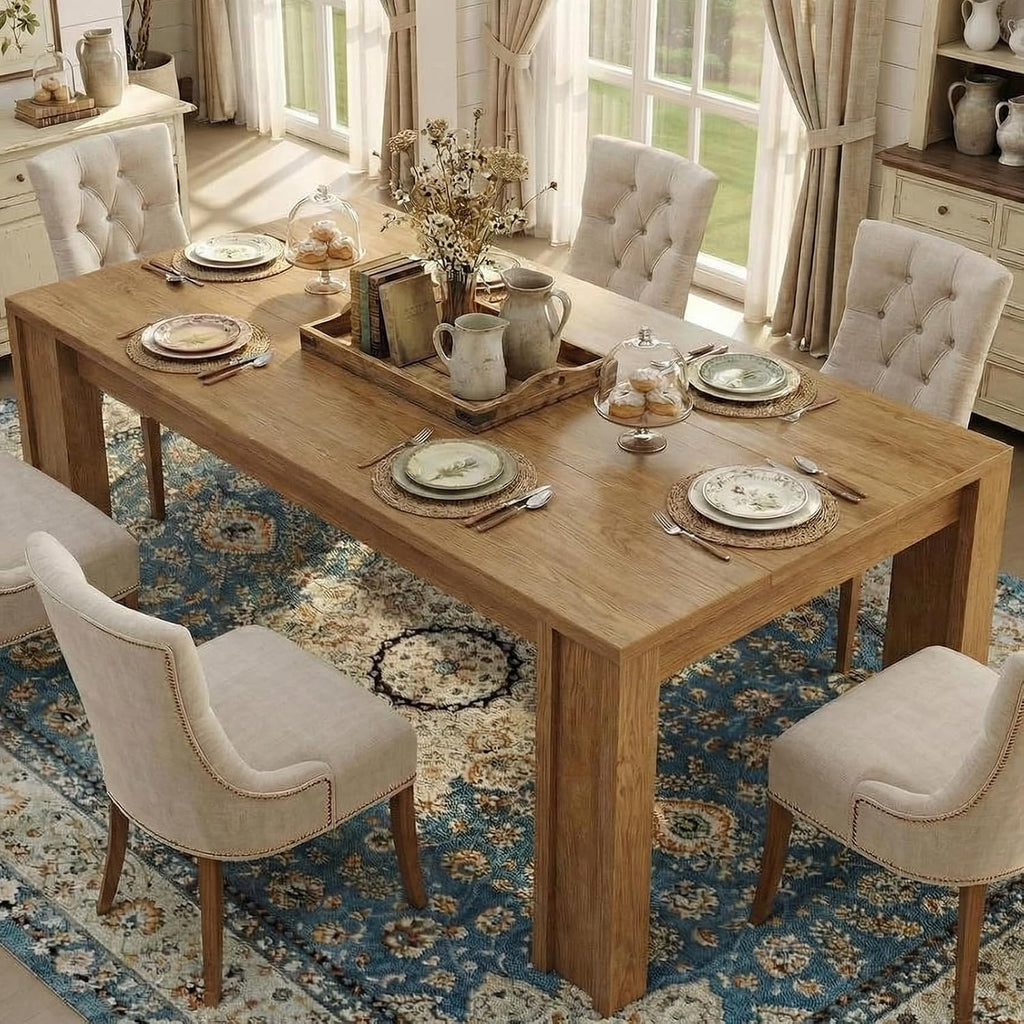 GarveeHome 71" Long Dining Table for 6-8, Farmhouse Rectangular Wood Kitchen Table with Wide H-Legs & Thick Top, Sturdy Wood Strip Frame, Dining Room Table for Dinner, Apartment, Kitchen, Natural