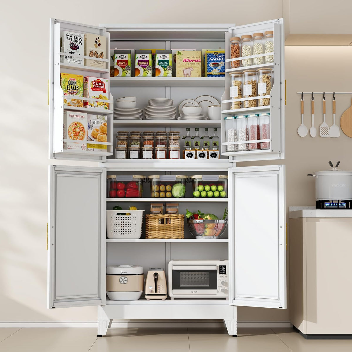 PAOFIN 75" H Metal Storage Cabinet, Pantry with 6 Door Shelves and 4 Adjustable Shelves, Leveling Foot for Kitchen, Living Room and Dinning Room, White