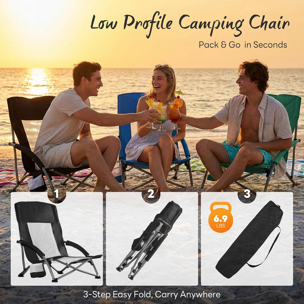 NEWBULIG Folding Camping Beach Chair for Adults, Low Profile Lawn Chair with Cup Holders & Carry Bag, Extra Wide Seat and High Back, Portable for Beach, Outdoors, Travel & Concerts, Black