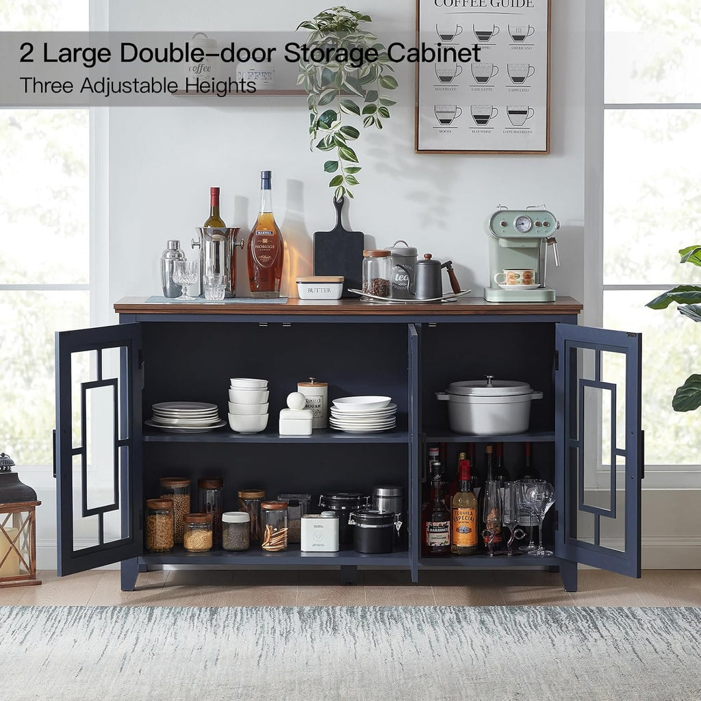 Joaxswe Large Sideboard Buffet Cabinet with Storage, 55" Farmhouse Kitchen Coffee Wine Bar Cabinet with 3 Glass Doors, Wood Mid Century Modern Side Board Table for Dining Room, Living Room,Navy Blue