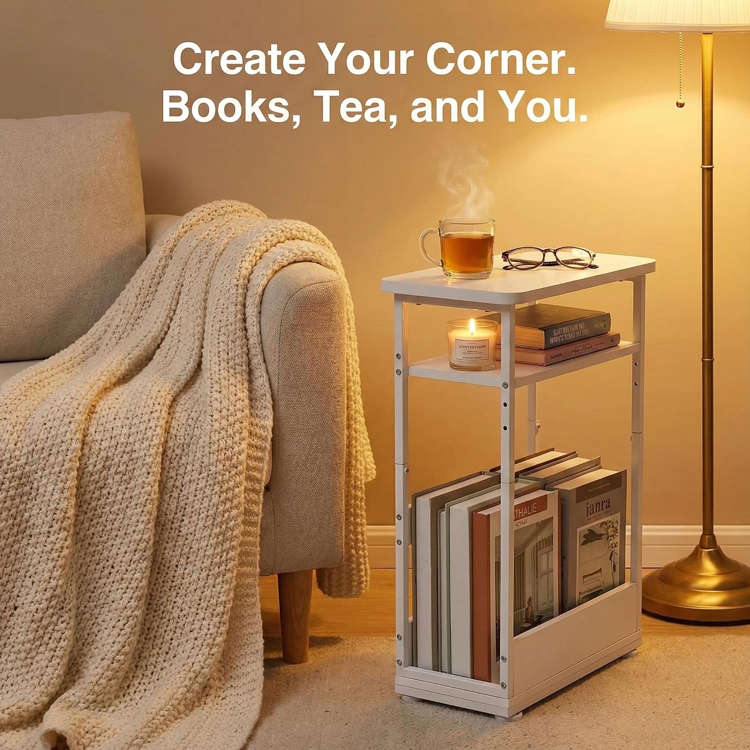 Narrow Side Table,3-Tier Slim End Table with Storage Shelf,Modern Sofa Table Thin Side Table for Narrow and Small Spaces, Skinny Bedside Table Small Nightstand with Magazine Rack Space Saving/White