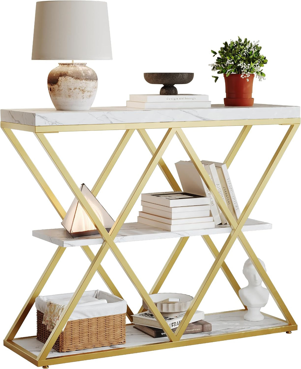 Garvee 3 Tier Console Table with Open Wood Shelves,39" Industrial Entryway Table,Sofa Table,Narrow Wood Accent Tables with Metal Frame for Hallway,Living Room,Behind Couch,Foyer,Entrance,White