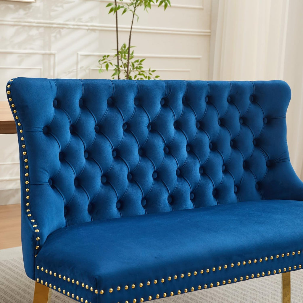 KEIKI Velvet Tufted Loveseat Bench, Double Dining Room Chairs, 2-Seat Tufted Seat with Nailhead Trim Chairs with Gold Plated Steel Legs and Padded Seat, Blue