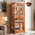 69" Lighted Display Cabinet with 4 Glass Doors, Tall Elegant Bookcase with Adjustable Shelves, Light Bulb Included, Wooden Storage Organizer Cabinet for Collectibles, Living Room (Dark Oak)